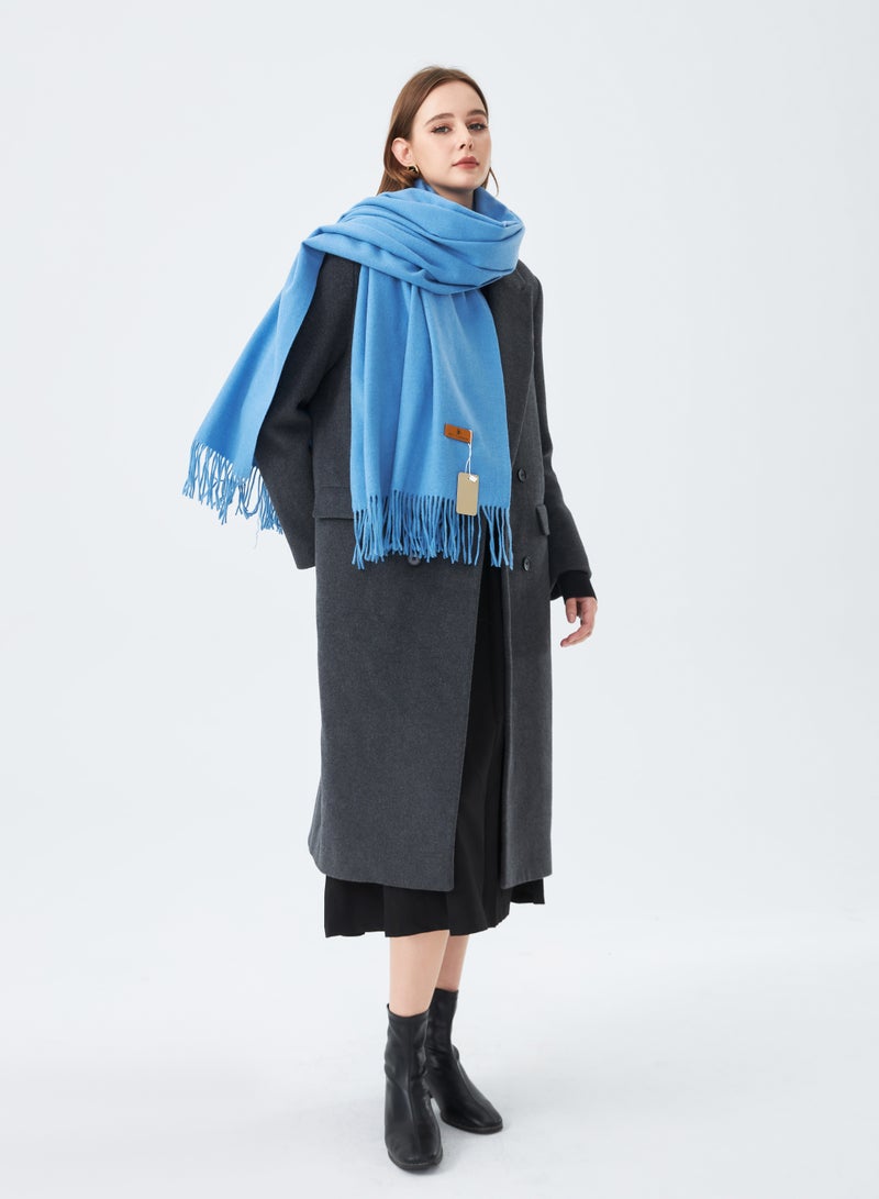 Sky cashmere Plain Wool Scarf with Tassels Warm and Soft Sky Blue  - Image 3