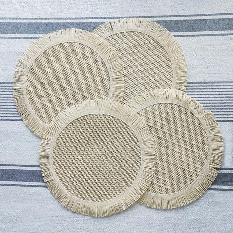 Fennco Styles Fennco Styles Woven Fringe Solid Color Placemats 15 Round Set of 4  Ivory Hand Braided Table Mats for Home Dining Room Boho Decor Banquets Family Gathering and Special Occasion  - Image 3