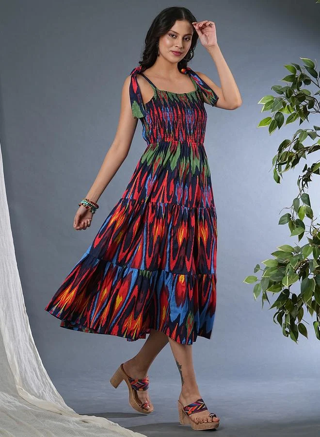 globus Globus Women All-Over Print Tie-Up Sleeve A-Line Midi Dress