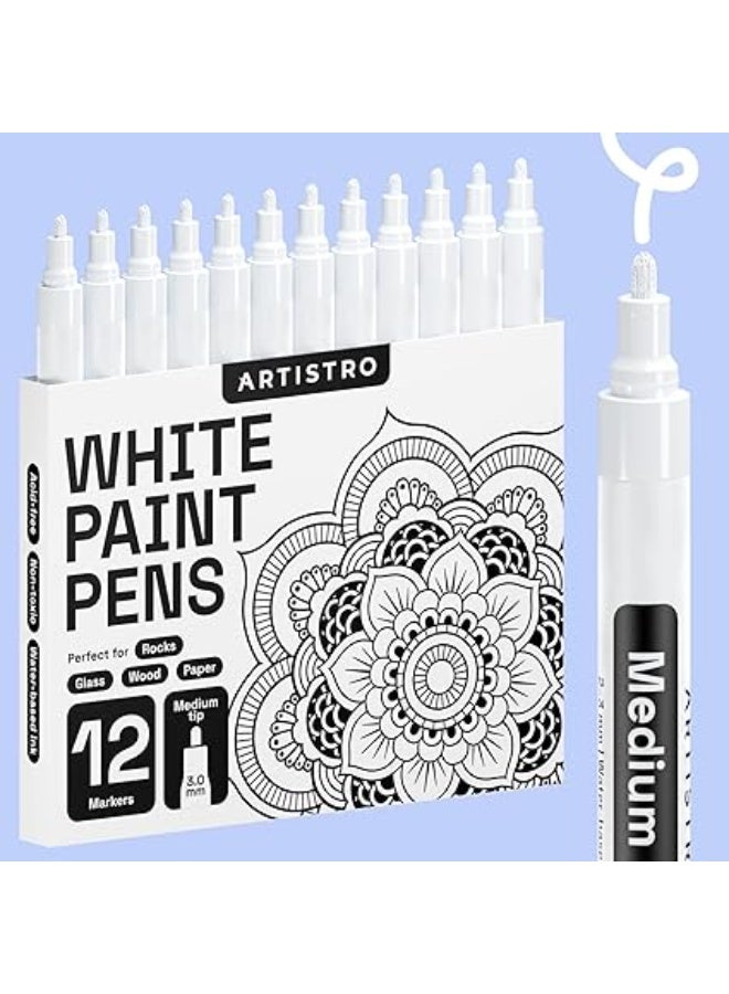 ARTISTRO White Marker Pens for Rock Painting, Stone, Ceramic, Glass, Wood, Tyre, Fabric, Metal, Canvas, Set of 12 Water Based Acrylic Paint Pens with Medium Point (White) - Image 1