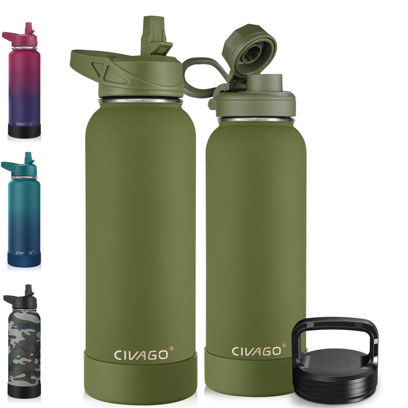 CIVAGO 40 oz Insulated Water Bottle With Straw Stainless Steel Sports Water Cup Flask with 3 Lids Straw Spout and Handle Lid Double Walled Travel Thermal Canteen Mug Army Green