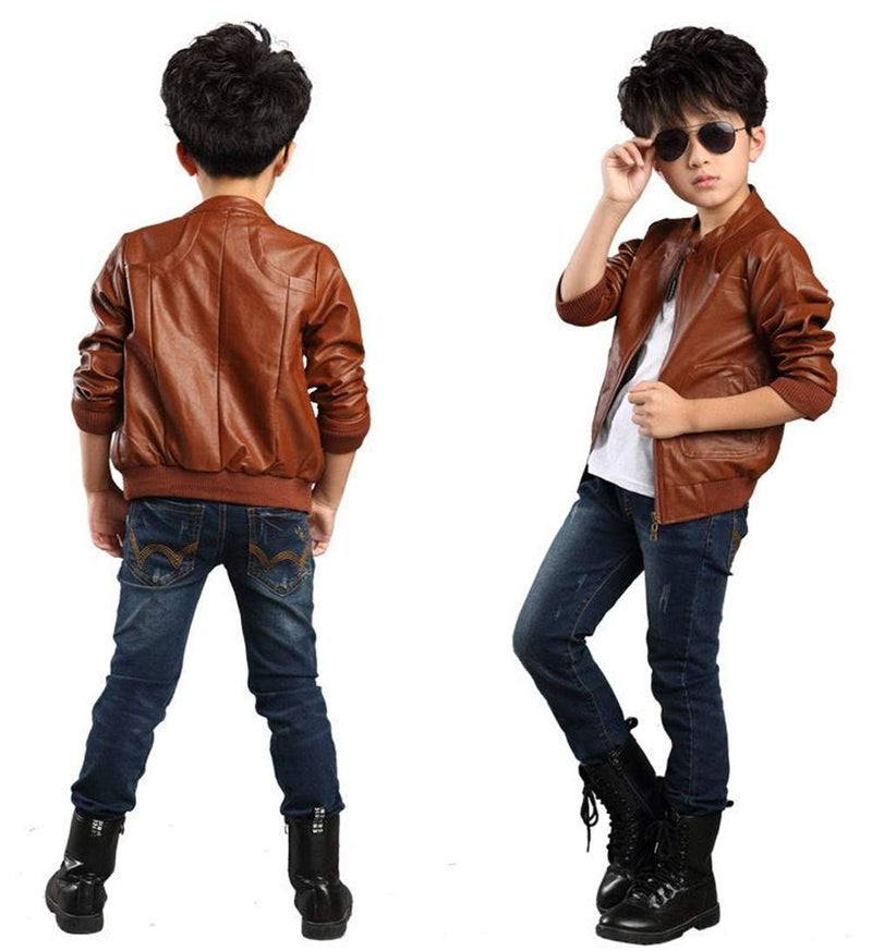 ELUCKFACE Boys Trendy Stand Collar PU Leather Moto Jacket - Winter Warm Lined Coat with Zipper Closure for Kids Brown 8-9Years - Image 3