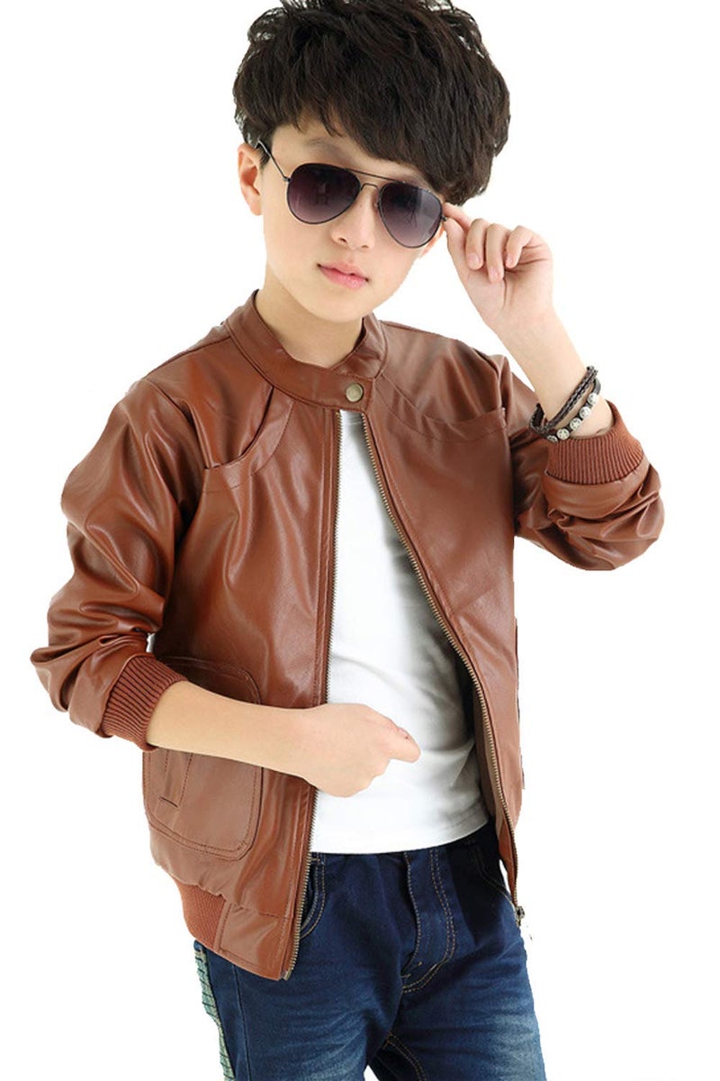 ELUCKFACE Boys Trendy Stand Collar PU Leather Moto Jacket - Winter Warm Lined Coat with Zipper Closure for Kids Brown 8-9Years - Image 1