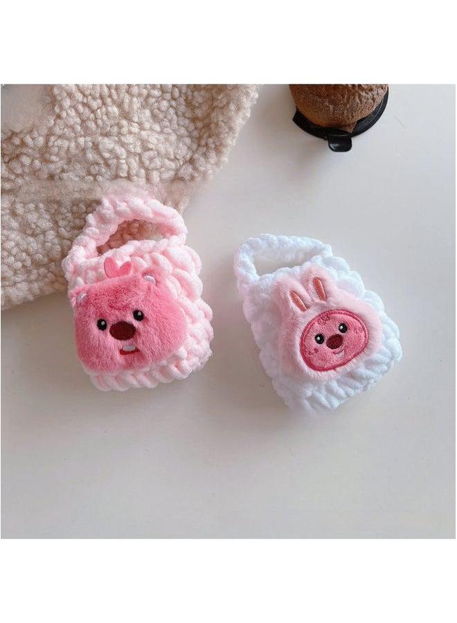 Pink Cute Cyber Red Bear Lion Wake Flower Plush Hand-woven Drop-resistant Headphone Bag Bluetooth Protective Cover Finished Product-Color:White Panda - Image 1