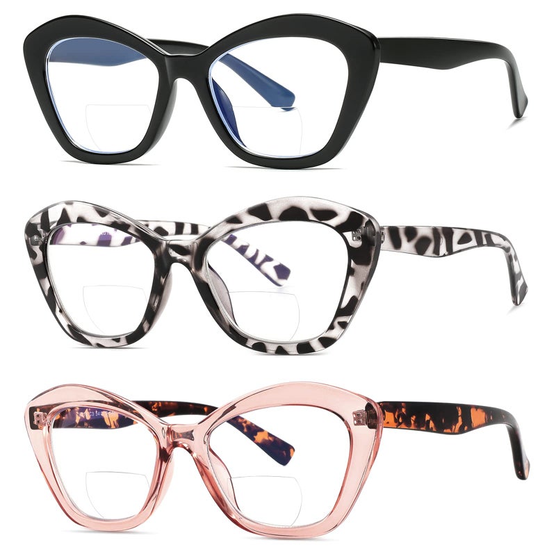 LKEYE Bifocal Reading Glasses For Women Blue Light Blocking Computer Reader With Clear Top Oversized Cat Eye Frame No Line Large Stylish Ladies Eyeglasses 3Pack +2.00 - Image 1