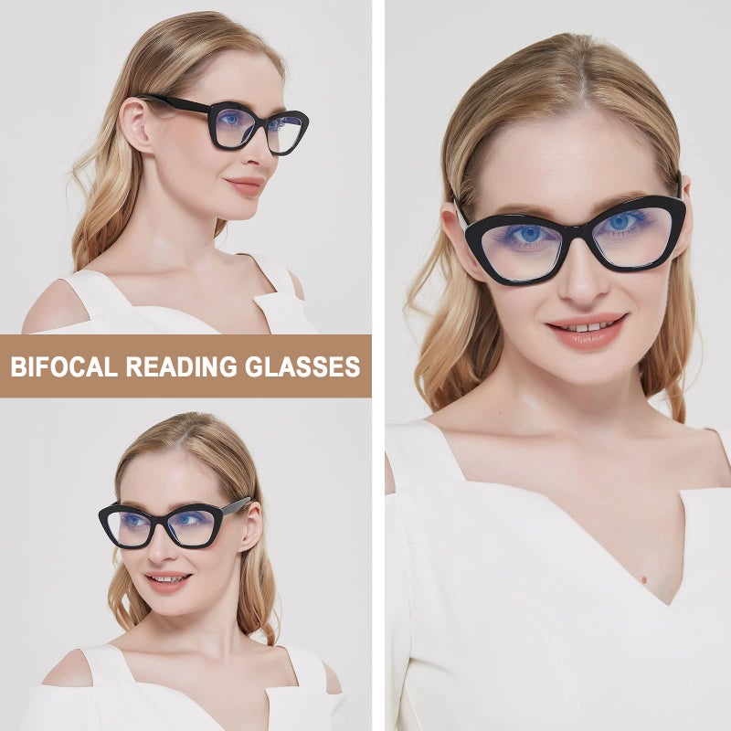 LKEYE Bifocal Reading Glasses For Women Blue Light Blocking Computer Reader With Clear Top Oversized Cat Eye Frame No Line Large Stylish Ladies Eyeglasses 3Pack +2.00 - Image 2