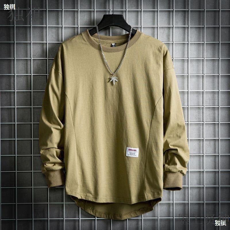 Round Neck Long Sleeve T-Shirt Men'S Loose Fat Plus Size Top T-Shirt Korean Fashionable Army Green Base Shirt - Image 1