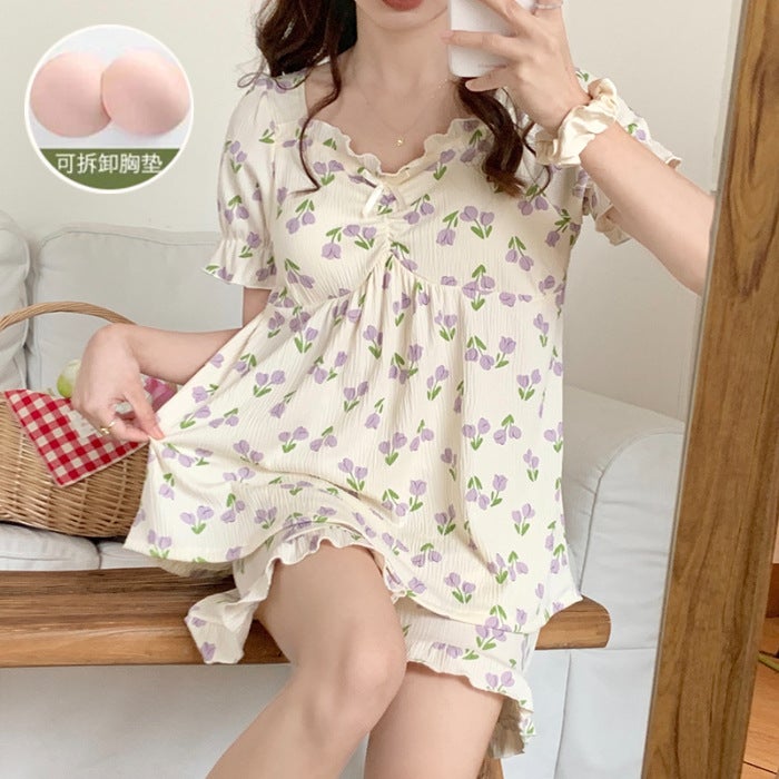 Summer Cotton-Like Pajama Set with Padded Bra 889# Bear  - Image 2