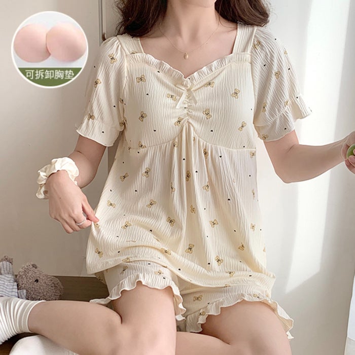 Summer Cotton-Like Pajama Set with Padded Bra 889# Bear  - Image 1
