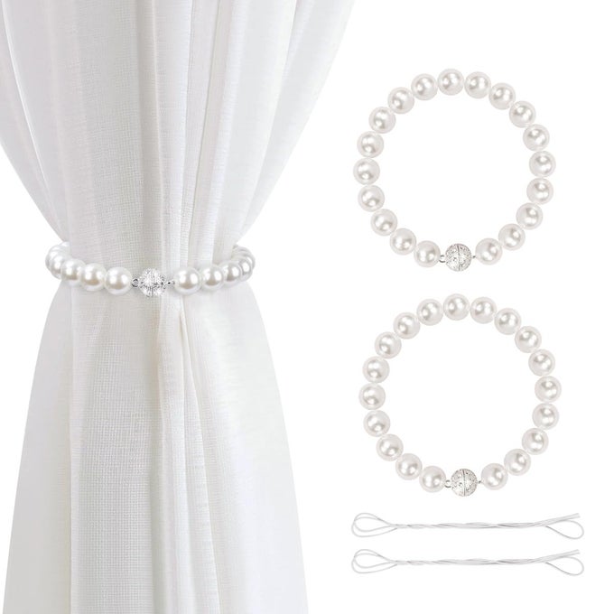 Magnetic Curtain TieBacks 2 Pack Pearl Curtain Tie Backs Modern Decorative Curtain Holdbacks Holder with Elastic Cord Drapes Clips Buckle for Thin or Thick CurtainsWhite