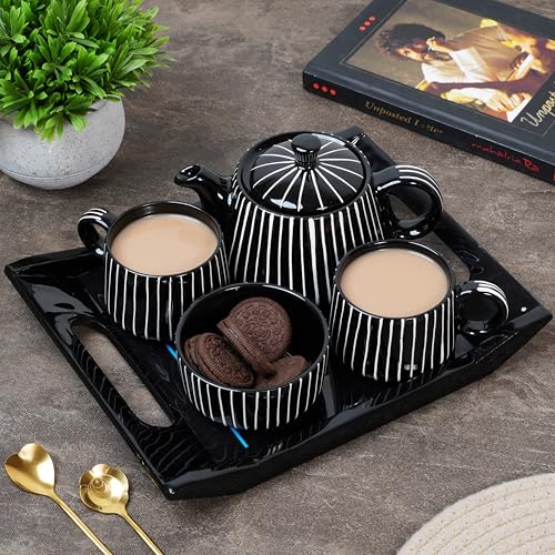 CRAF10 Ceramic Handcrafted Midnight Stripe Tea Set - 1 Kettle (350 ML), 2 Cups (160 ML), 1 Bowl (for Sugar or Snacks), 1 Tray | Microwave & Dishwasher Safe | Teapot | Gifting Option - Image 1