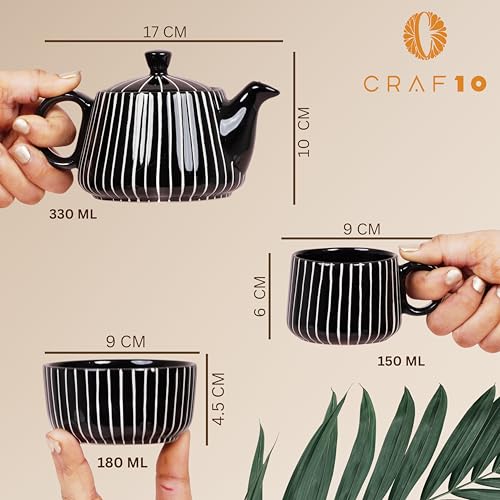 CRAF10 Ceramic Handcrafted Midnight Stripe Tea Set - 1 Kettle (350 ML), 2 Cups (160 ML), 1 Bowl (for Sugar or Snacks), 1 Tray | Microwave & Dishwasher Safe | Teapot | Gifting Option - Image 2