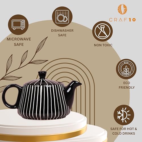 CRAF10 Ceramic Handcrafted Midnight Stripe Tea Set - 1 Kettle (350 ML), 2 Cups (160 ML), 1 Bowl (for Sugar or Snacks), 1 Tray | Microwave & Dishwasher Safe | Teapot | Gifting Option - Image 5