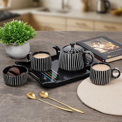 CRAF10 Ceramic Handcrafted Midnight Stripe Tea Set - 1 Kettle (350 ML), 2 Cups (160 ML), 1 Bowl (for Sugar or Snacks), 1 Tray | Microwave & Dishwasher Safe | Teapot | Gifting Option - Image 3