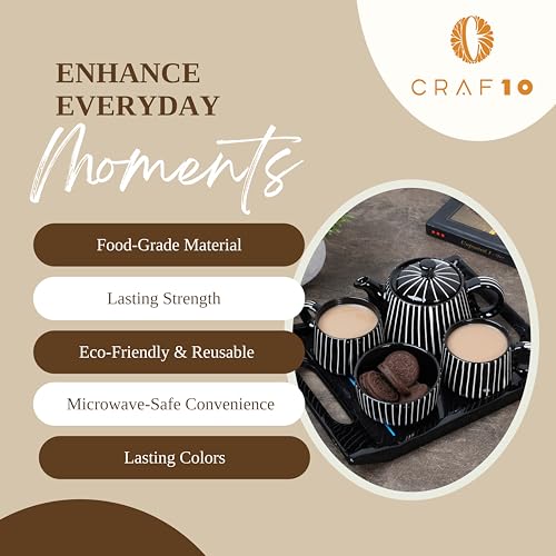 CRAF10 Ceramic Handcrafted Midnight Stripe Tea Set - 1 Kettle (350 ML), 2 Cups (160 ML), 1 Bowl (for Sugar or Snacks), 1 Tray | Microwave & Dishwasher Safe | Teapot | Gifting Option - Image 4