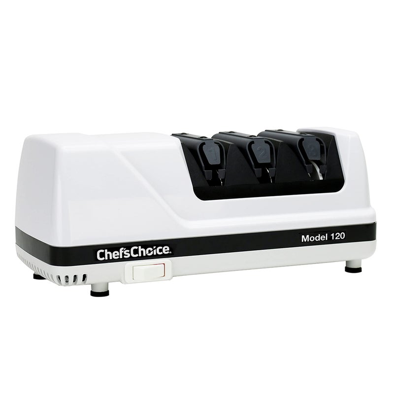CHEF'S CHOICE ChefsChoice Professional Electric Knife Sharpeners With 100Percent Diamond Abrasives And Precision Angle Guides For 20Degree StraightEdge and Serrated Knives 3Stage White 