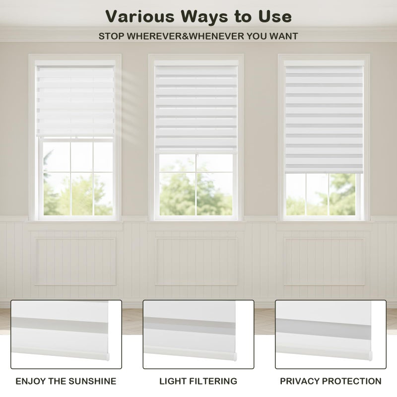 Dephora Cordless Zebra Blinds for Windows,Free-Stop Roller Zebra Shades,Light Filtering Blinds for Indoor windows with Upgraded Cassette,Pull Down Privacy Window Shades for Home (25" W x 72" H, White) - Image 2
