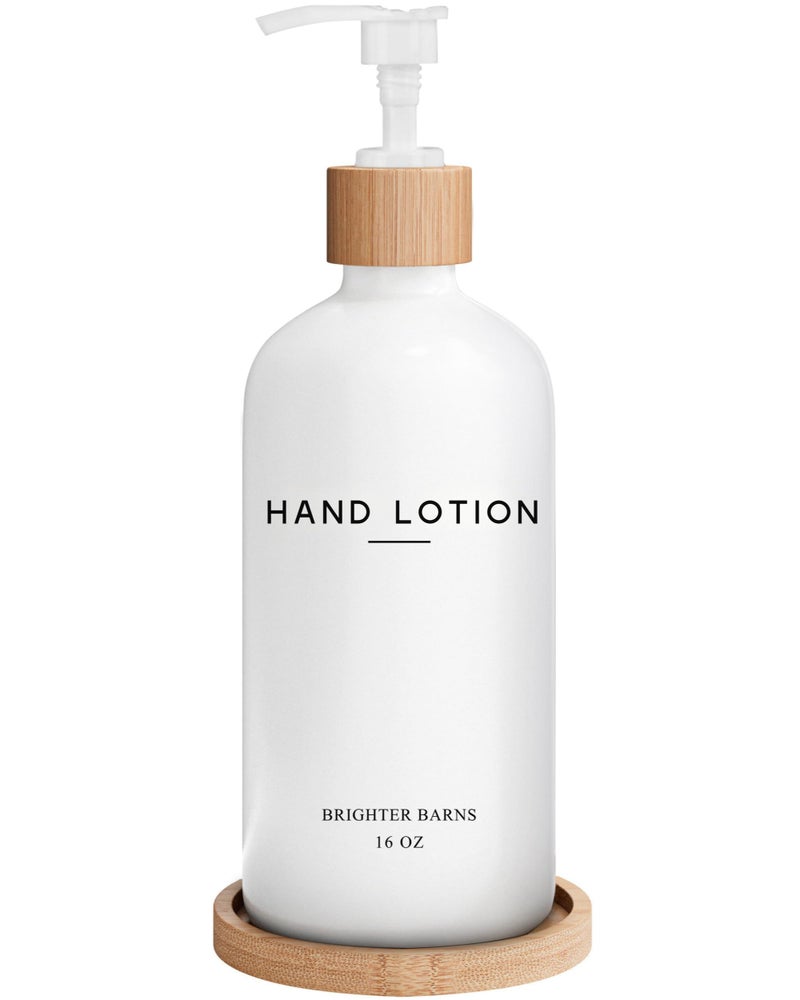 Brighter Barns White Glass Lotion Dispenser with Pump Bathroom Set by Brighter Barns - Hand Lotion Dispenser with Tray - Modern Bathroom Decor - Boho Bedroom Decor for Housewarming Gift, Airbnb, Hotel (White) - Image 1