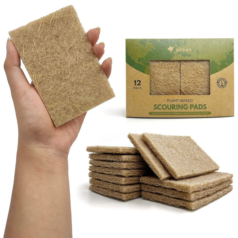 AIRNEX Plant Based Scouring Pads  Pack of 12 Coconut Husk Non Scratch Scrubbing Pads for Dishes  Multipurpose Dish Scrubbers for Cleaning  Heavy Duty Kitchen Scrub Pads for Dishes Pots and Pans