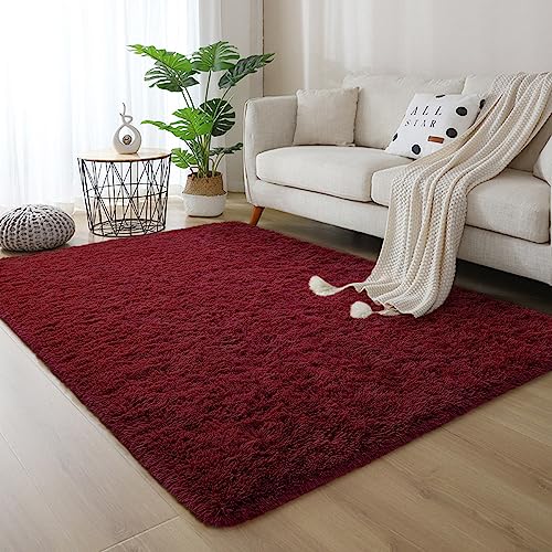 DweIke Fluffy Burgundy Red Rugs for Bedroom Living Room, 4x6 Feet Soft Plush Shaggy Wine Maroon Girls Boys Kids Rug, Non-Slip and Machine Washable Carpet for Dorm Nursery Classroom Decor - Image 3