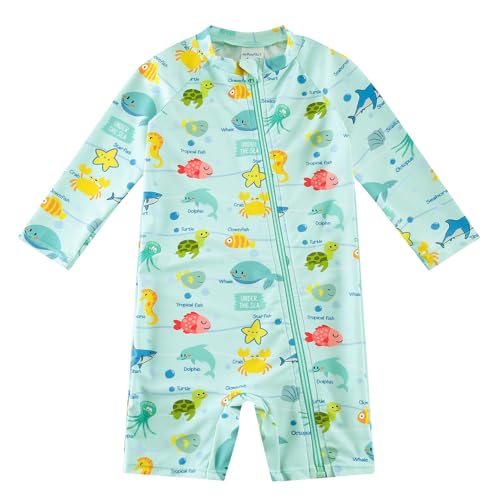 upandfast Baby Boy Swimsuit Rash Guard Shirts Toddler Boy Swimwear Full Zipper UPF 50+ Sun Protection Infant One Piece Bathing Suit (Marine Life, 12-18 Months) - Image 1