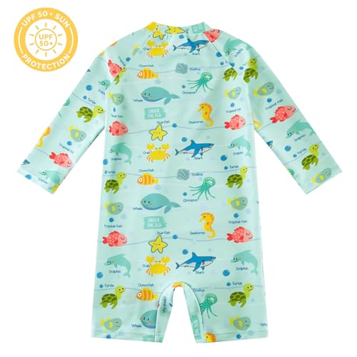 upandfast Baby Boy Swimsuit Rash Guard Shirts Toddler Boy Swimwear Full Zipper UPF 50+ Sun Protection Infant One Piece Bathing Suit (Marine Life, 12-18 Months) - Image 2