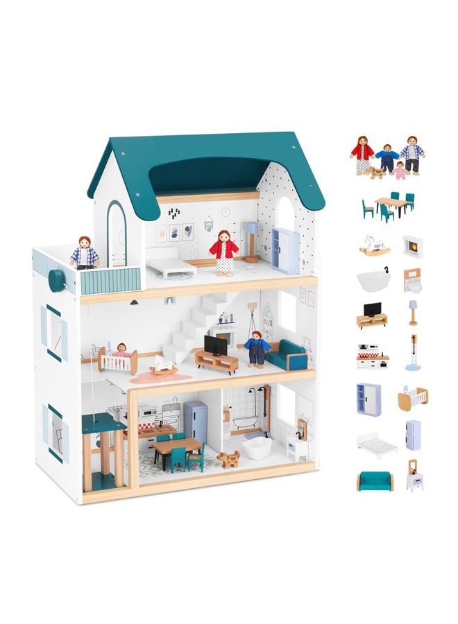 OOOK Wooden Dollhouse with Liftable Elevator - 2.6 Feet High Modern Doll House for Kids Toddlers - Including 21 Furniture Pieces, 4 Family Dolls, and 1 pet - Image 1