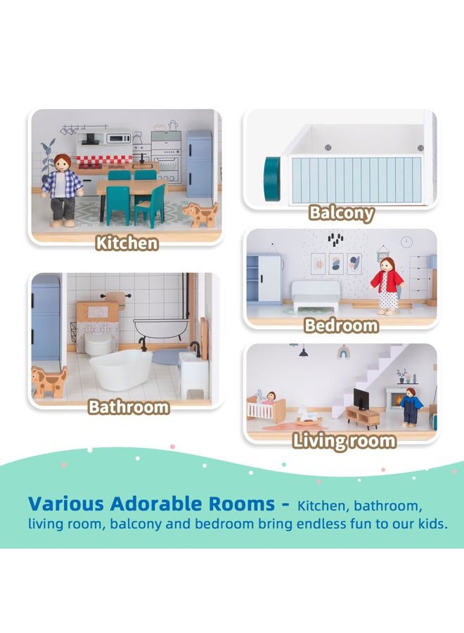 OOOK Wooden Dollhouse with Liftable Elevator - 2.6 Feet High Modern Doll House for Kids Toddlers - Including 21 Furniture Pieces, 4 Family Dolls, and 1 pet - Image 5