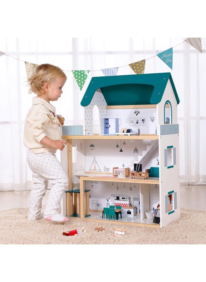 OOOK Wooden Dollhouse with Liftable Elevator - 2.6 Feet High Modern Doll House for Kids Toddlers - Including 21 Furniture Pieces, 4 Family Dolls, and 1 pet - Image 3