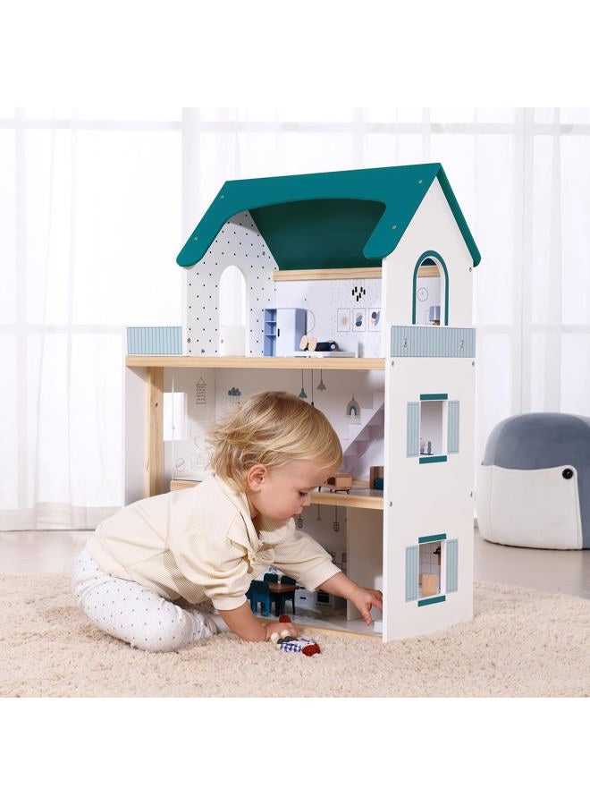 OOOK Wooden Dollhouse with Liftable Elevator - 2.6 Feet High Modern Doll House for Kids Toddlers - Including 21 Furniture Pieces, 4 Family Dolls, and 1 pet - Image 2