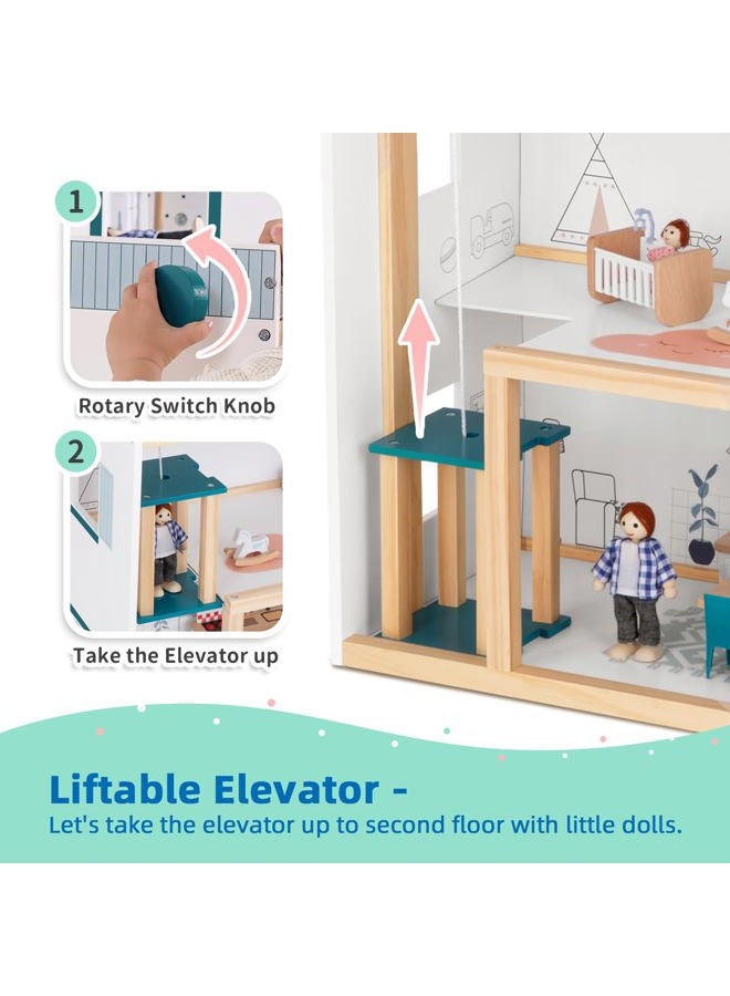 OOOK Wooden Dollhouse with Liftable Elevator - 2.6 Feet High Modern Doll House for Kids Toddlers - Including 21 Furniture Pieces, 4 Family Dolls, and 1 pet - Image 4