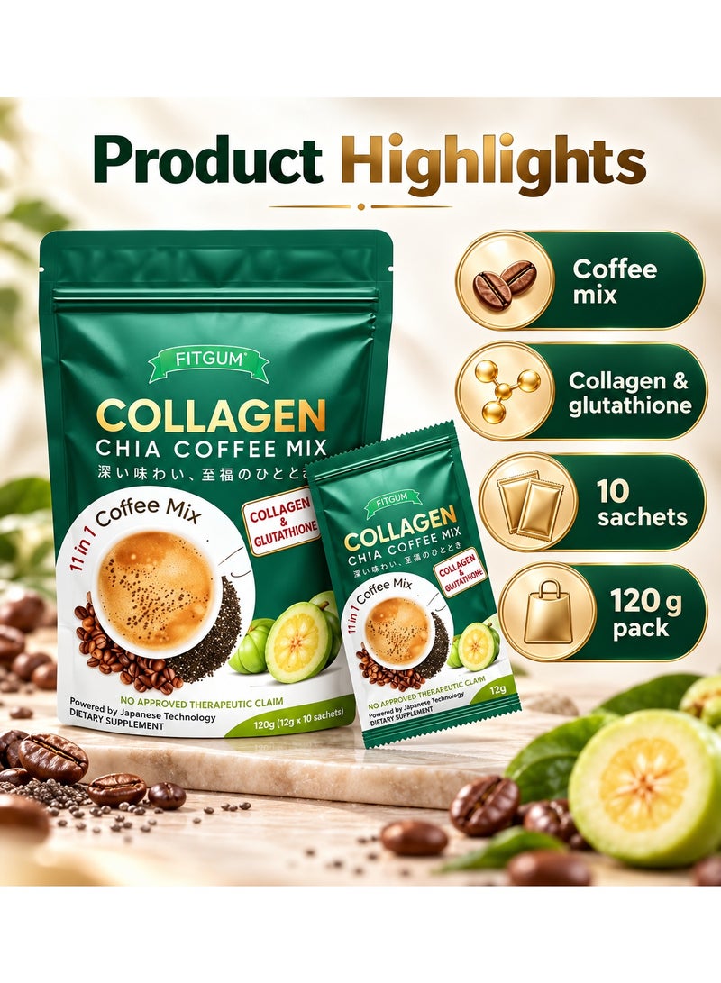 FitGum Collagen Chia Coffee Mix – 11-in-1 Coffee Blend with Glutathione, Garcinia, Goji Berry & Hyaluronic Collagen (10 Sachets) - Image 3