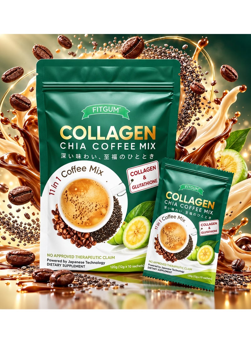 FitGum Collagen Chia Coffee Mix – 11-in-1 Coffee Blend with Glutathione, Garcinia, Goji Berry & Hyaluronic Collagen (10 Sachets) - Image 1