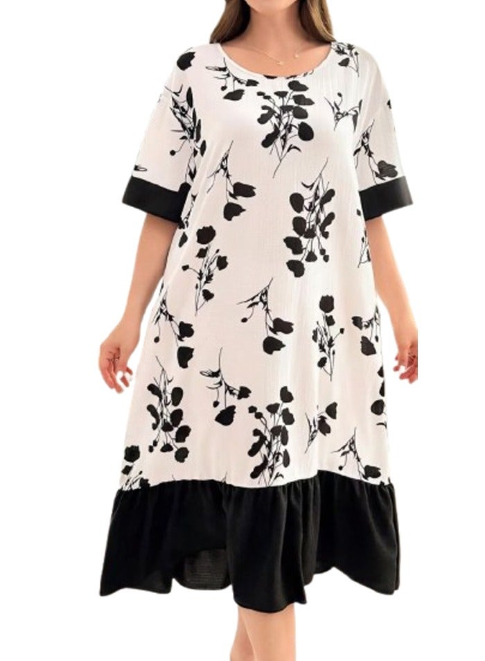 Women's short home jalabiya - floral print - white  - Image 1