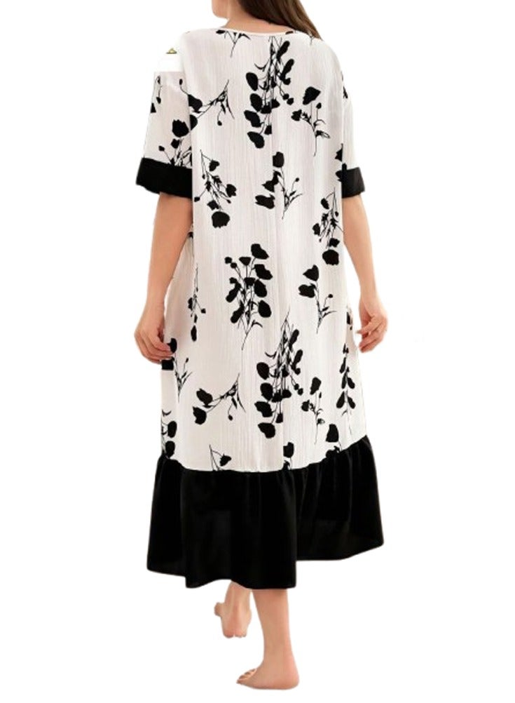 Women's short home jalabiya - floral print - white  - Image 4