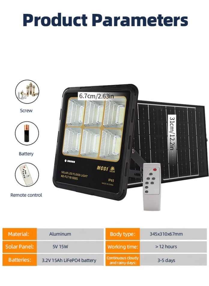مودي كشاف شمسي غامر 345×310 مم، مصباح LED أبيض ساطع 6500 كلفن، مصباح أمان خارجي يعمل لمدة 12 ساعة أو أكثر من الغسق حتى الفجر مع جهاز تحكم عن بعد ومؤقت، هيكل من الألومنيوم مقاوم للماء IP65 للفناء والحديقة والجدار - بطارية LiFePO4 15 أمبير/ساعة، إضاءة خارج الشبكة - Image 2
