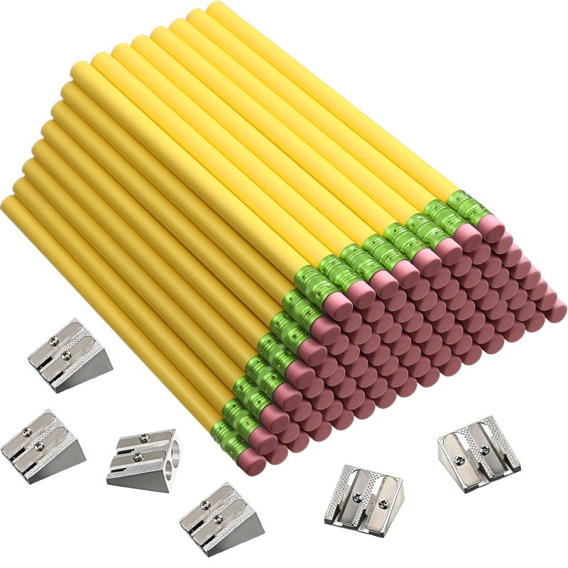 Fainne 102 Pcs Back to School Classroom Supplies Bulk 96 Jumbo Large Giant Fat Thick Pencils 6 Sharpeners for Kids Beginners Preschoolers Kindergarten Students TeachersYellowRound