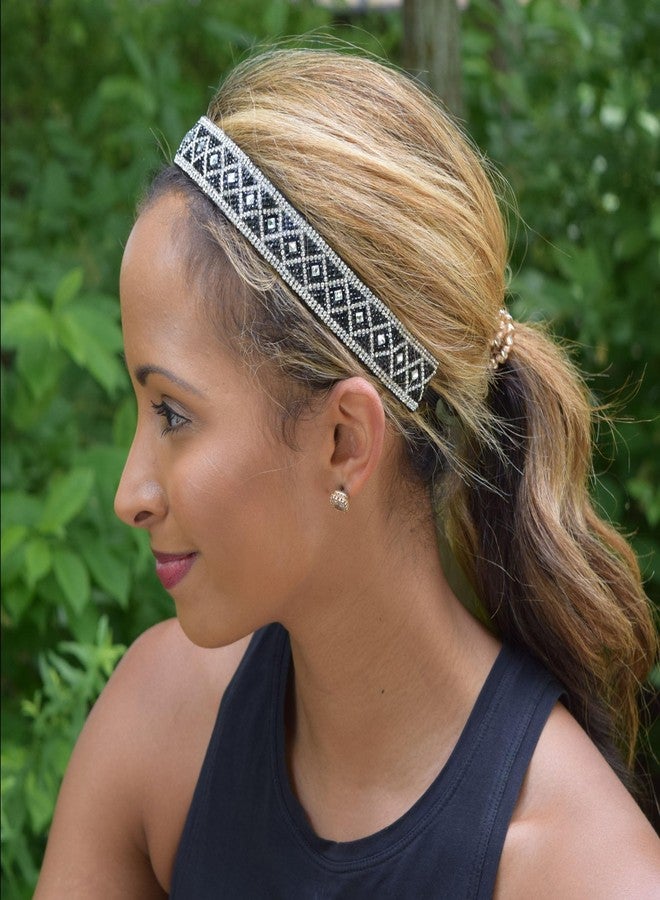Sweaty Bands Womens Girls Headband - Non-Slip, Velvet-Lined Jeweled Hairband - Bling It Queening Silver Black 1-Inch - Image 4