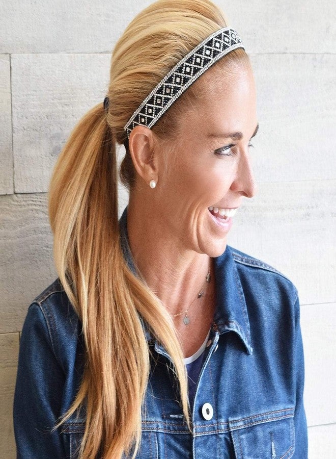 Sweaty Bands Womens Girls Headband - Non-Slip, Velvet-Lined Jeweled Hairband - Bling It Queening Silver Black 1-Inch - Image 2