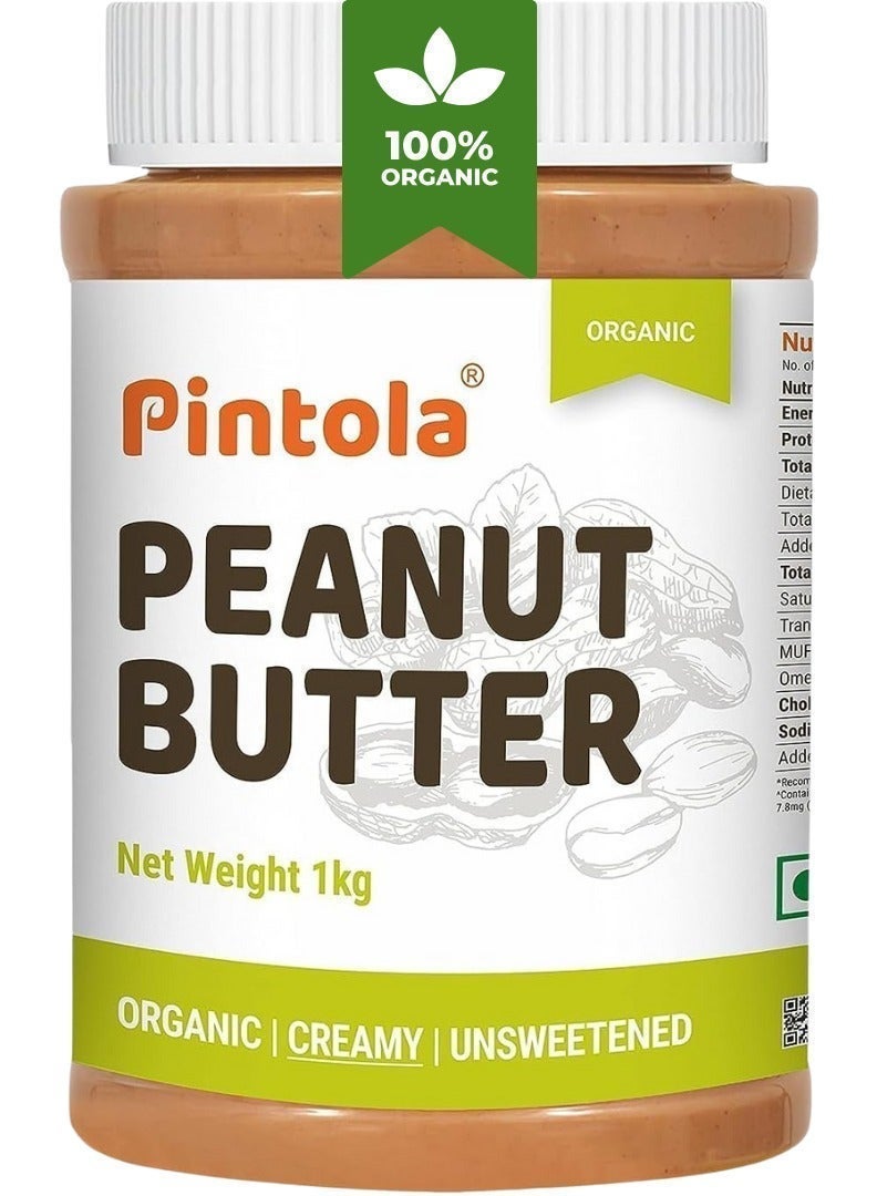 PINTOLA Organic Unsweetened Peanut Butter, Creamy 1kg | Just 100% Certified Organic Peanuts | 30g Protein/100g | 0% Added Sugar and 0% Salt - Image 1