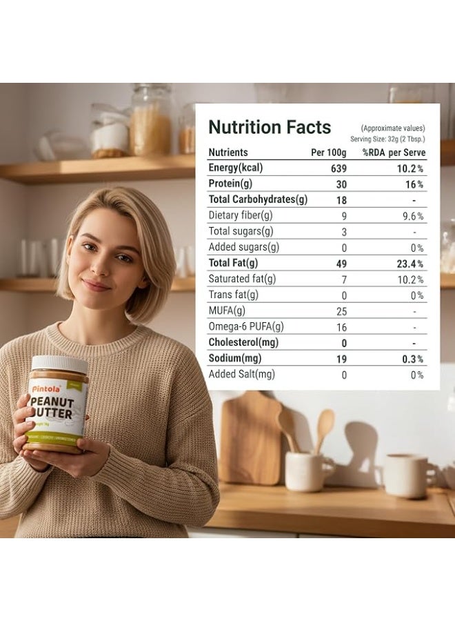 PINTOLA Organic Unsweetened Peanut Butter, Creamy 1kg | Just 100% Certified Organic Peanuts | 30g Protein/100g | 0% Added Sugar and 0% Salt - Image 2