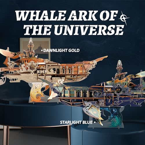 STRUCWOOD DIY 3D Wooden Puzzle Whale SpaceshipMiniature Wooden Dollhouse Model for Adults to BuildGifts for Family Friends Whale Ark of The Universe Starlight Blue - Image 5
