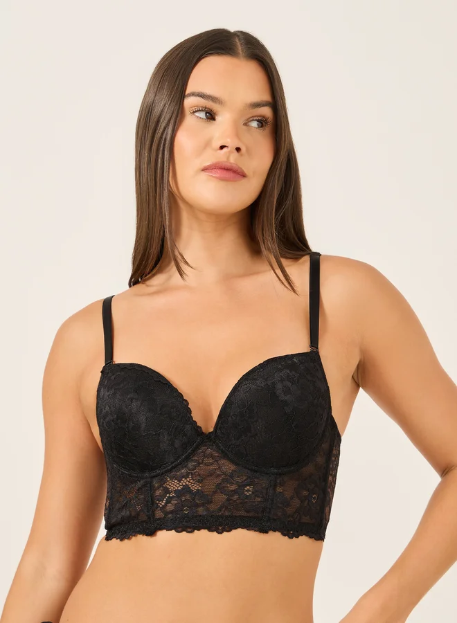 Take Two Take Two Solid Lace Longline Padded Wired Push Up Bra