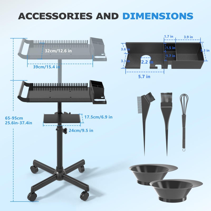 ZHOOGE Hairstylist Tray on Wheels, Rolling Salon Tray with Holder and Hair Separator Stand, Salon Trolley Adjustable Tray with Storage Platform Dye Bowls and Tools for Hair Stylist - Image 2