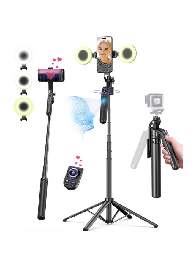 حامل ثلاثي ذكي بارتفاع 71 إنش مع إضاءة LED مزدوجة وتحكم بالإيماءات | حامل جوال دوّار 360 درجة مزود بريموت بلوتوث قابل للشحن للتصوير والفيديو والبث المباشر - Image 1