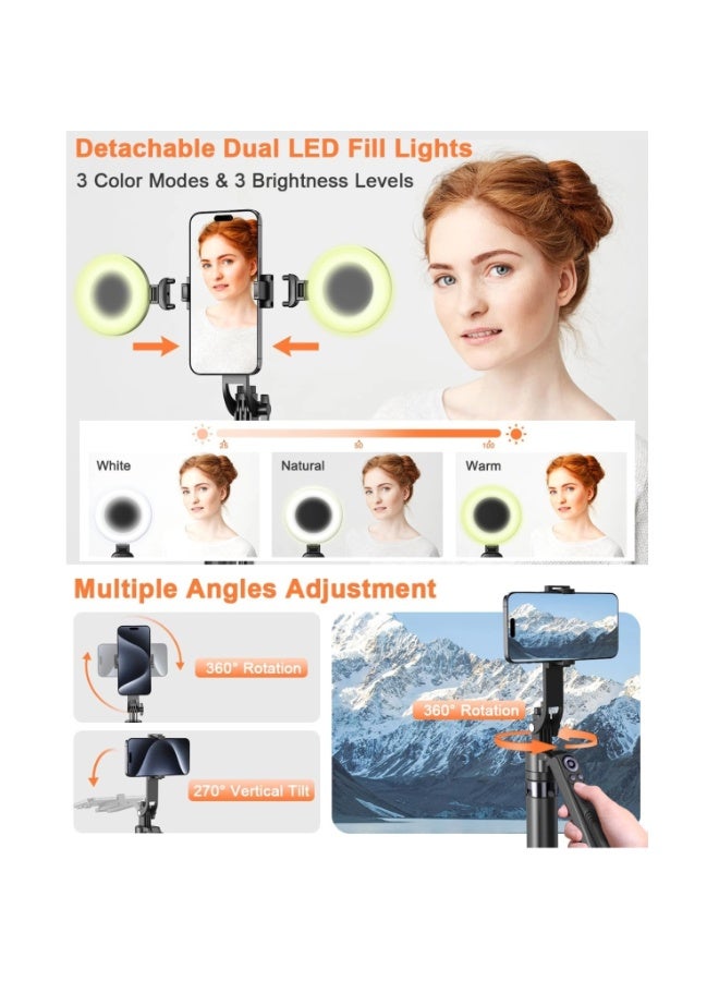 حامل ثلاثي ذكي بارتفاع 71 إنش مع إضاءة LED مزدوجة وتحكم بالإيماءات | حامل جوال دوّار 360 درجة مزود بريموت بلوتوث قابل للشحن للتصوير والفيديو والبث المباشر - Image 4