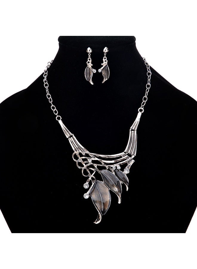 NIBEMINENT European and American Fashion Classic Leaf-Shaped Colorful Drip Oil Diamond-Studded Necklace and Earring Set