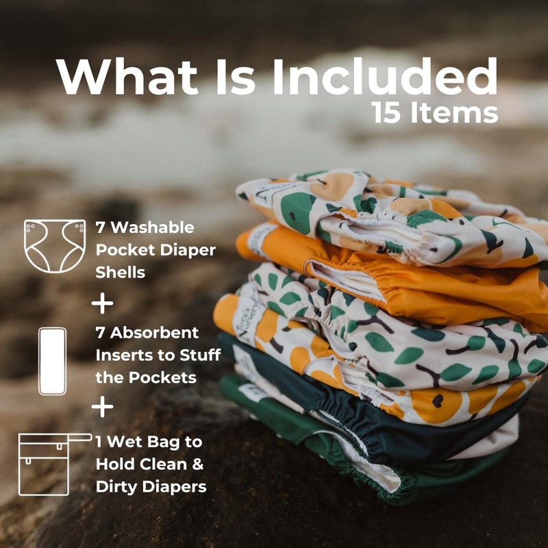 Nora's Nursery Cloth Diapers 7 Pack with 7 Inserts & 1 Wet Bag - Waterproof Cover, Washable, Reusable & One Size Adjustable Pocket Diapers for Newborns and Toddlers - PearFect - Image 2