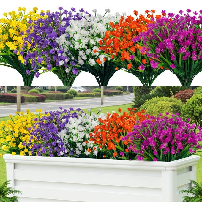 20PCS ARTIFICIAL FAKE FLOWERSPLASTIC FLOWERS FOR OUTDOOR DECORATION UV RESISTANT FAUX FLOWERS SHRUBS ARTIFICIAL PLANTS FOR INDOOR OUTSIDE GARDEN HOME WEDDING FARMHOUSE5 COLOR