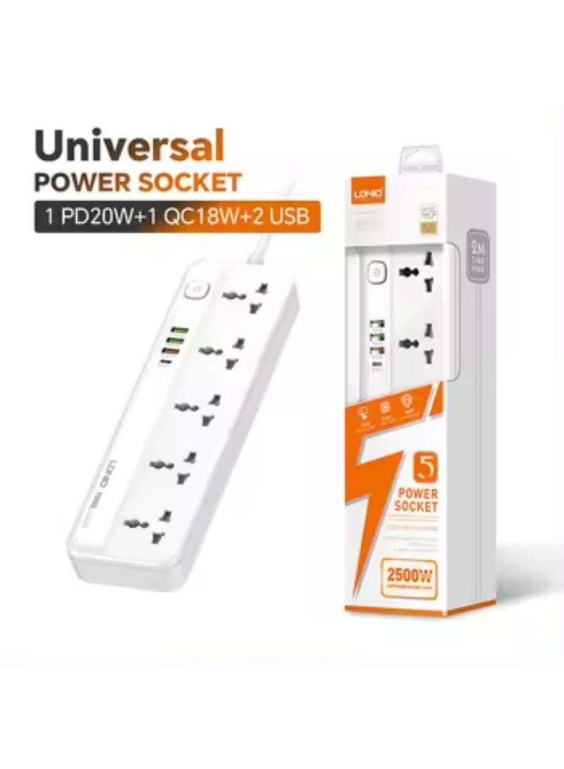 لدنيو مقبس طاقة Ldnio SC5415 EU متعدد الاستخدامات للشحن الآمن والفعال، 5 مقابس، 2 متر، 2500 واط، 4 منافذ USB، أبيض - Image 1